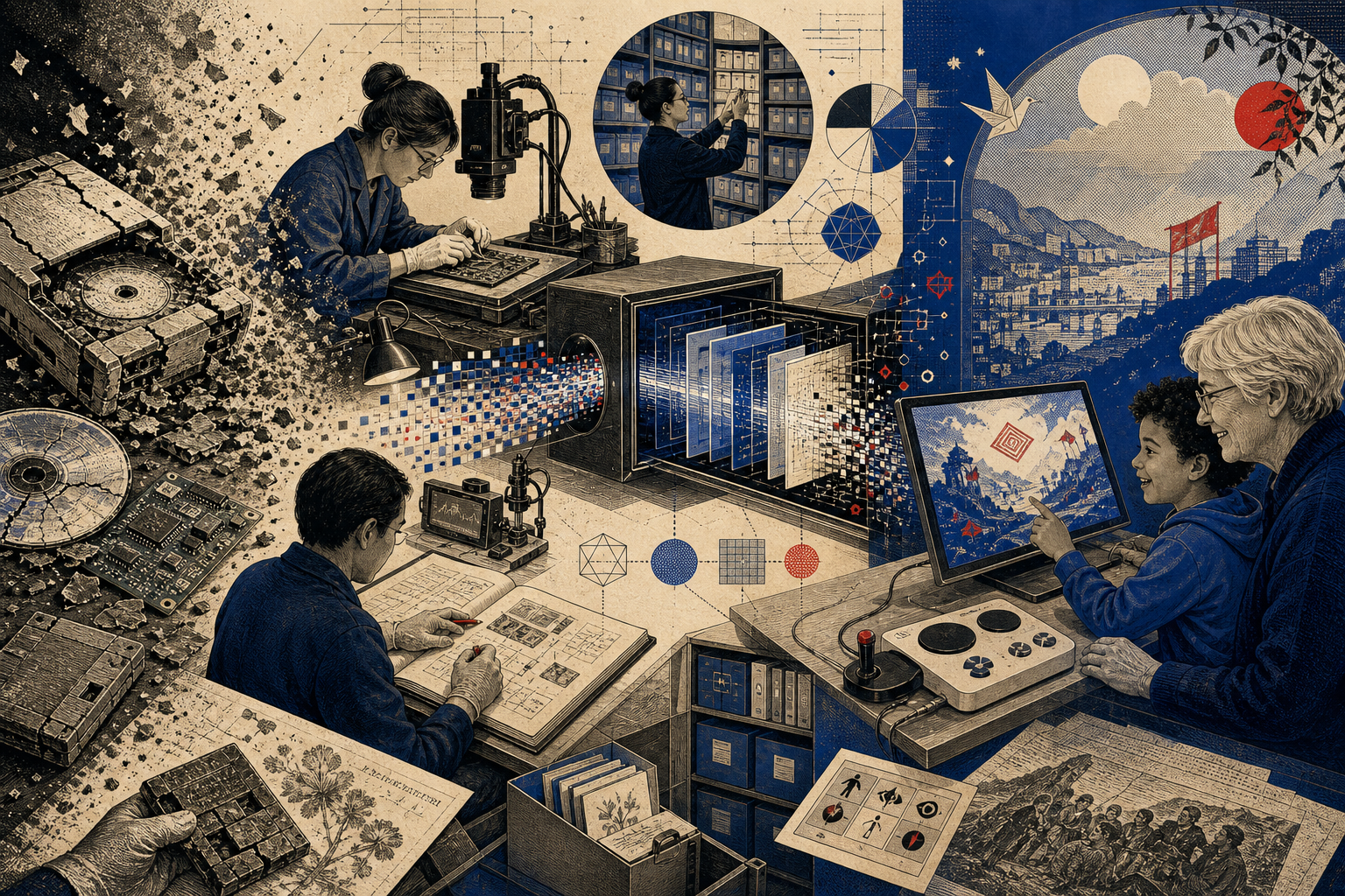 Editorial collage of archivists preserving failing game media so it remains playable on accessible modern hardware