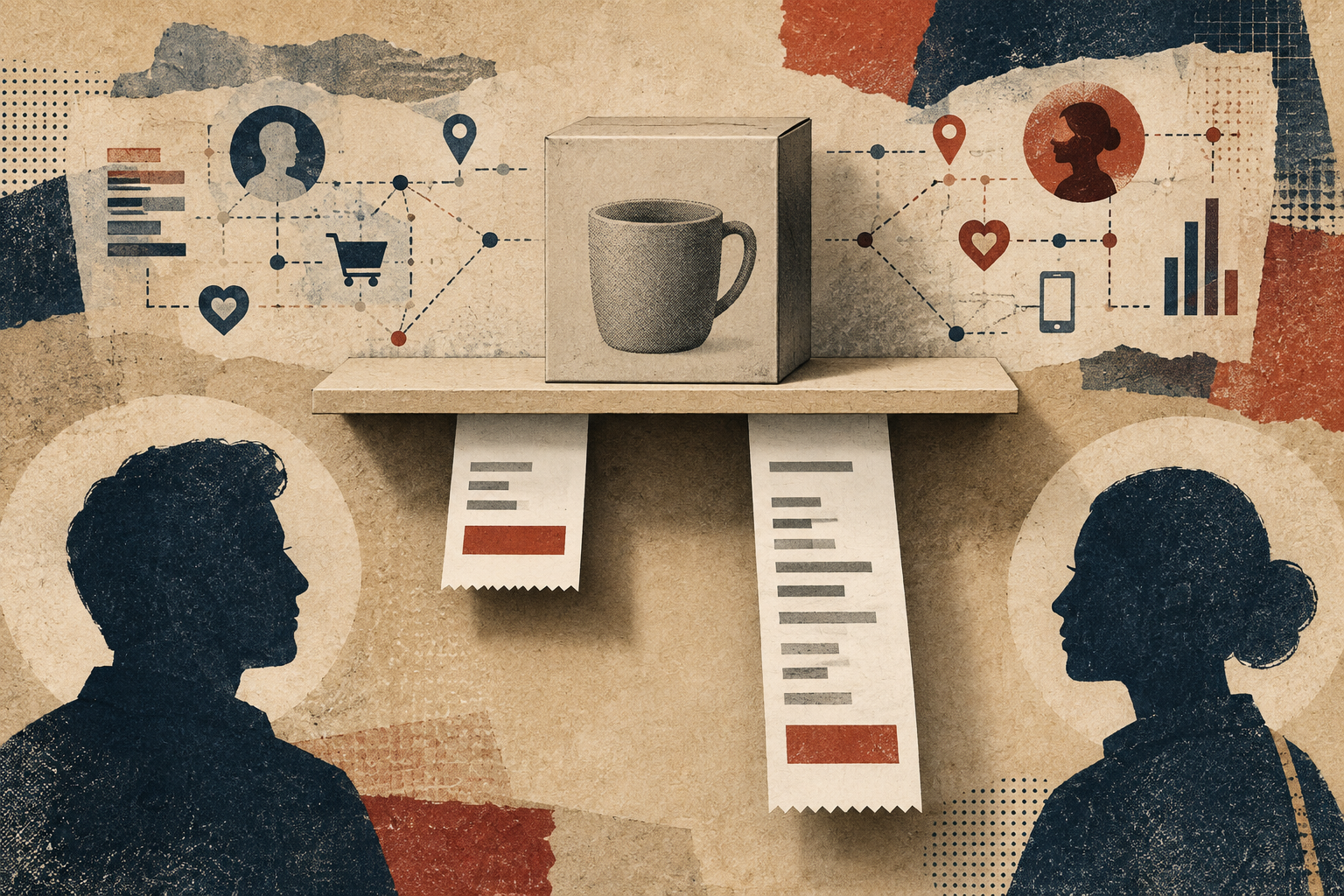 Editorial collage of the same product producing different receipts for two anonymous shoppers