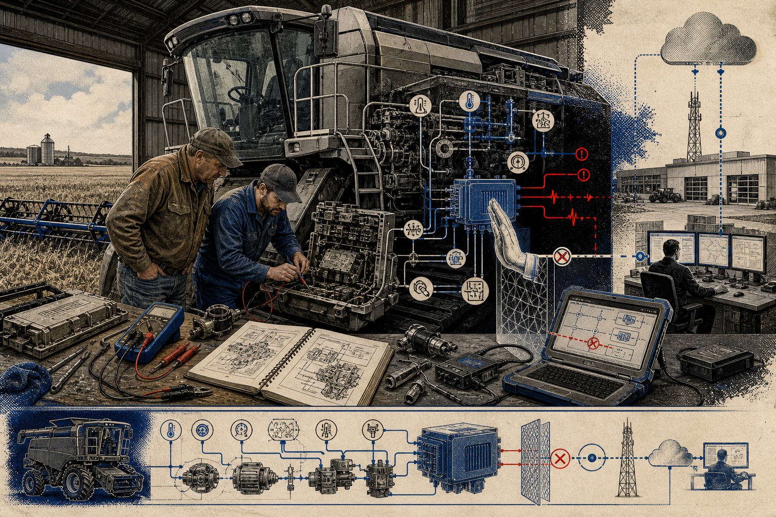 Editorial collage of farmers diagnosing an exposed machine controller while a remote software gate blocks the repair path