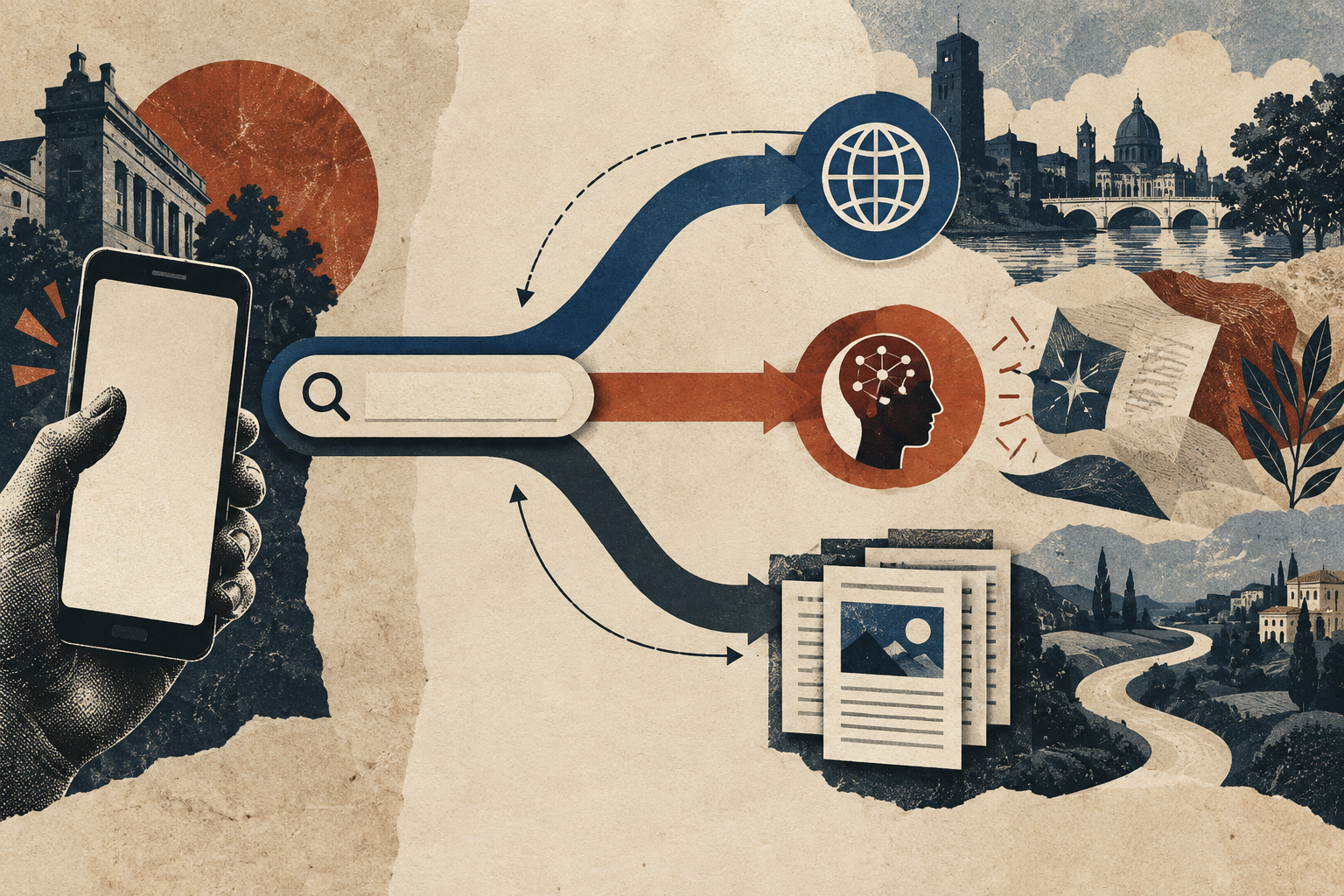 Editorial collage of a search box branching into several equal routes, including original source pages