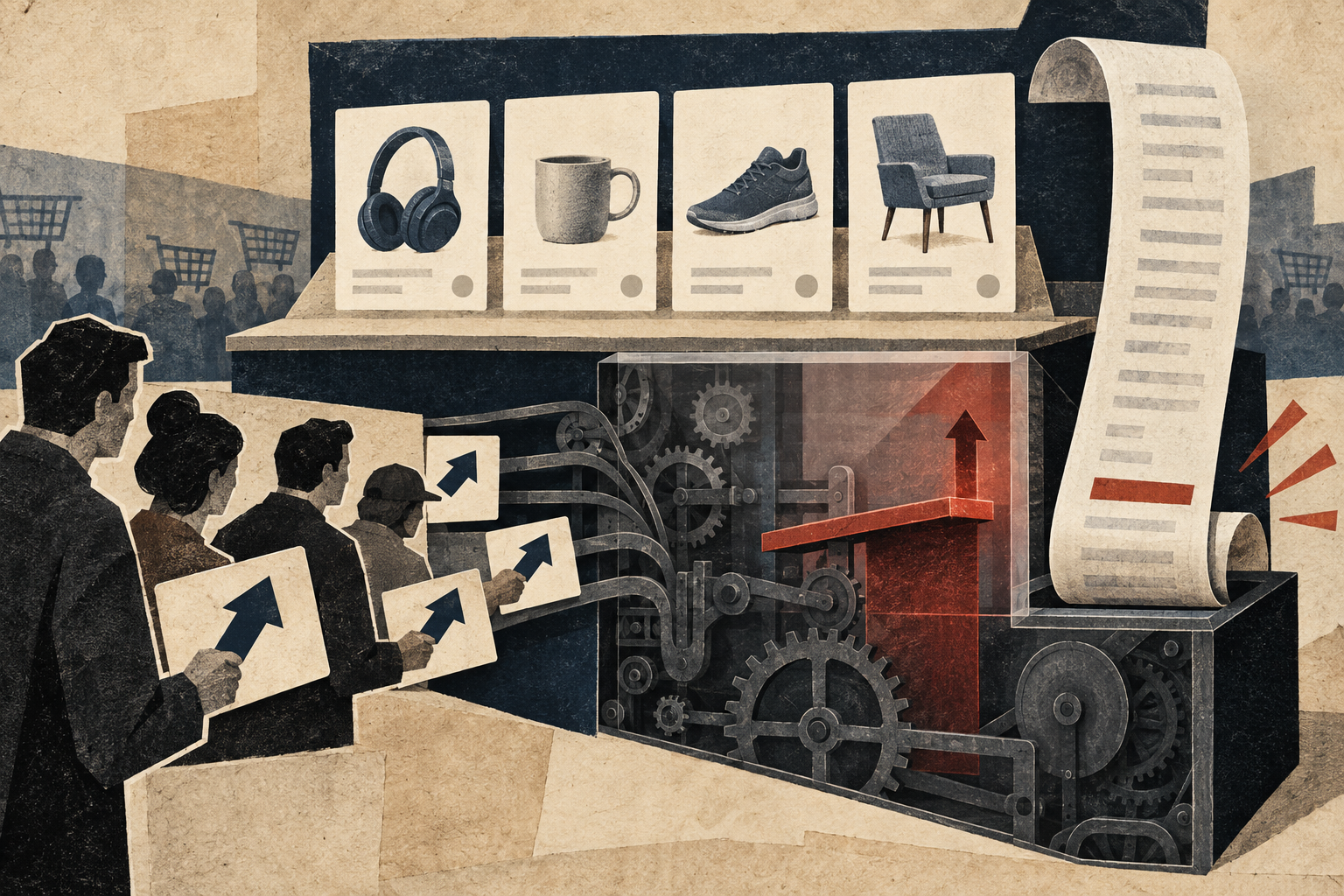 Editorial collage of product listings and bids entering a partly hidden auction mechanism