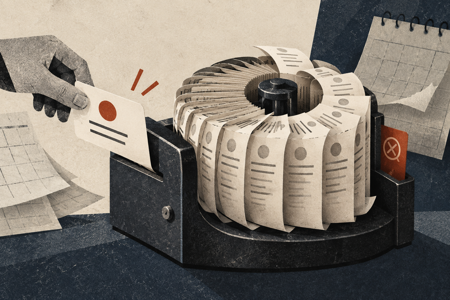 Editorial collage of a sign-up card feeding a rotating stack of recurring receipts