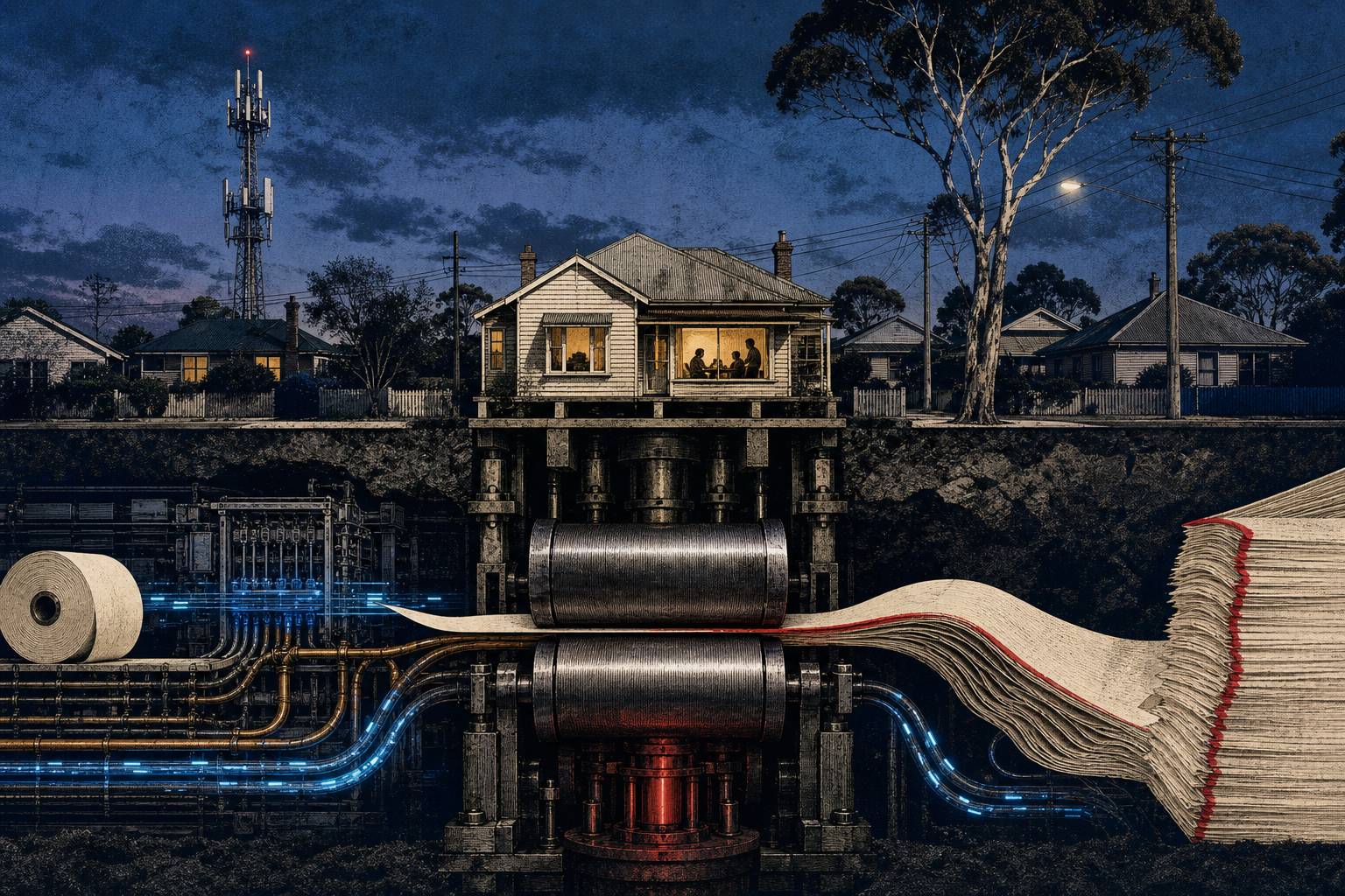 Editorial cutaway of an Australian home pressed between network infrastructure and a growing stack of bills